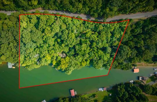 aerial view of property, property outline, 4.5 +/- acres, lake views, Boone Lake, trees, road