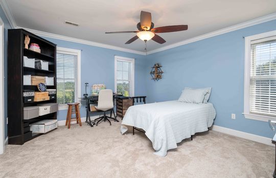 Level 2, Bedroom 3, carpet, closet, windows, ceiling fan, crown moulding