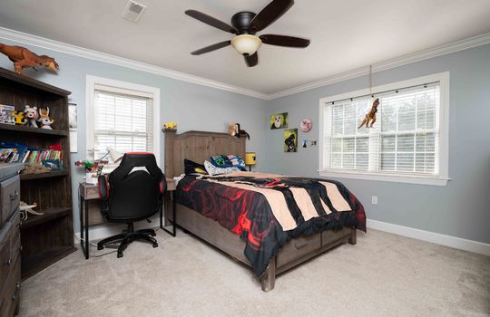Level 2 bedroom 4, ceiling fan, carpet, windows, crown moulding