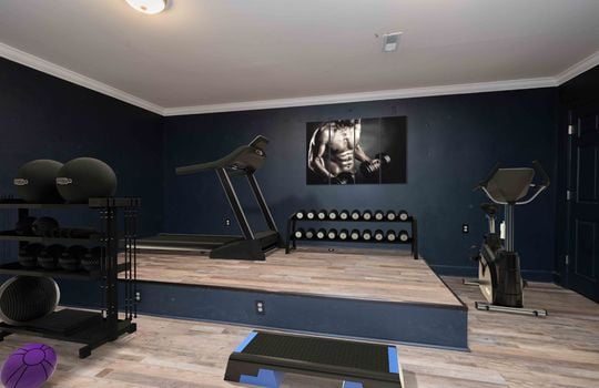 basement storage room staged as a workout room