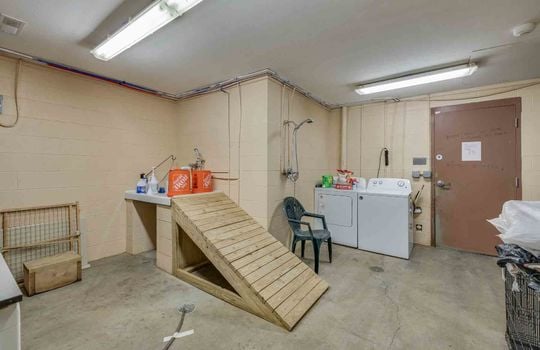 dog wash, concrete flooring, laundry area, grooming space