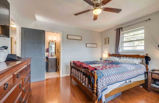 bedroom, hardwood flooring, ceiling fan, window, ensuite