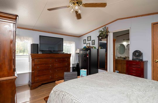 bedroom, ceiling fan, windows, laminate flooring, view into bath