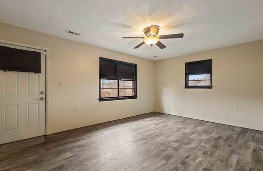 living room, luxury vinyl flooring, windows, ceiling fan