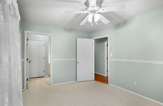 freshly painted bedroom, ensuite bathroom, ceiling fan, carpet