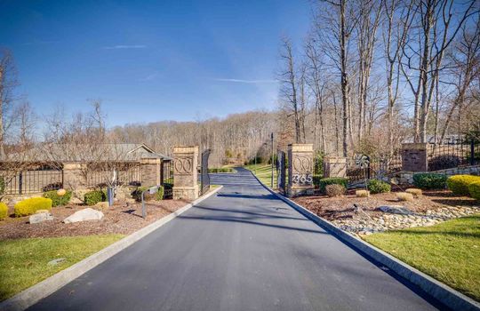 paved driveway, gated entrance, landscaping, trees