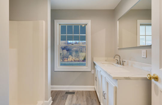 bathroom, sink, cabinet, shower, luxury vinyl plank flooring, window