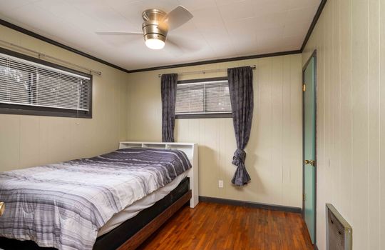 bedroom, closet, ceiling fan, windows, hardwood flooring
