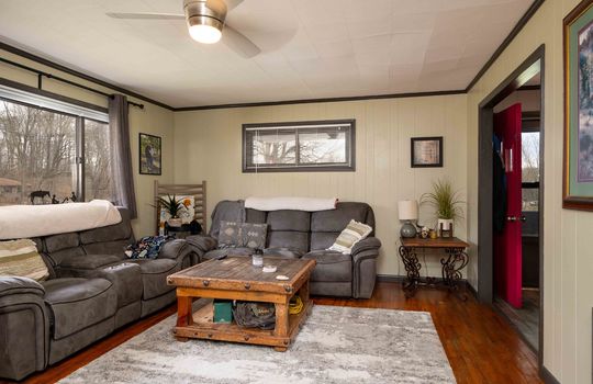 living room, hardwood flooring, ceiling fan, painted paneling walls