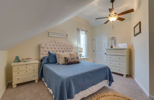 upper level bedroom, carpet, ceiling fan, closet, window