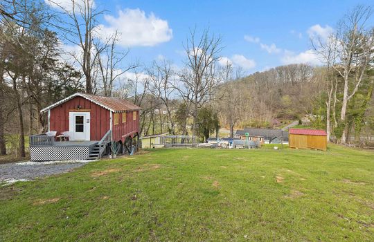 barn/guest house, renovated getaway, chicken coop, back yard, storage shed, above ground pool