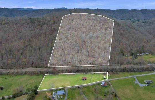 property outline land, aerial view, trees, clearing, neighboring property, mountain views, 14.75+/- acres