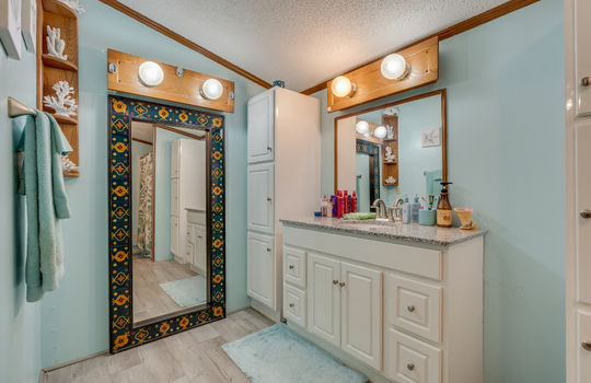 primary bathroom, vanity sink, vinyl flooring, cabinets, linen cabinet