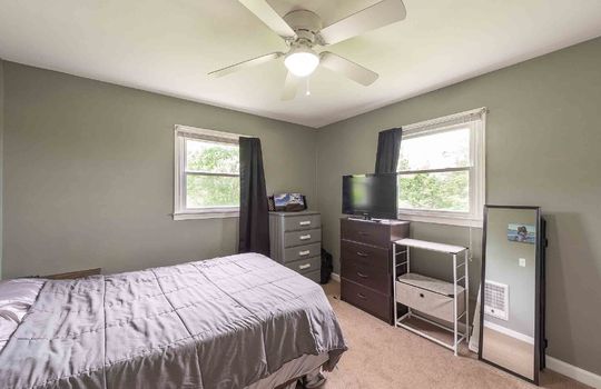 bedroom, carpet, ceiling fan, windows