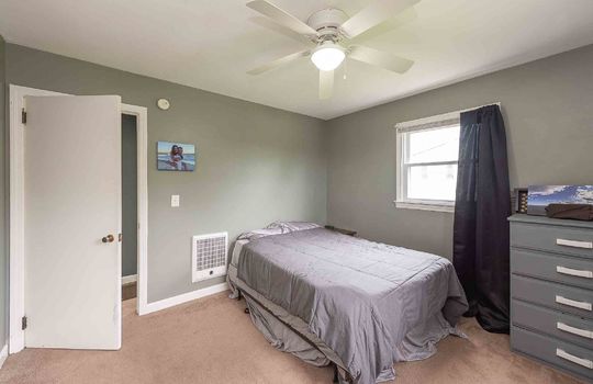 bedroom, carpet, ceiling fan, windows