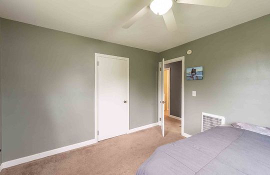 bedroom, carpet, ceiling fan, closet