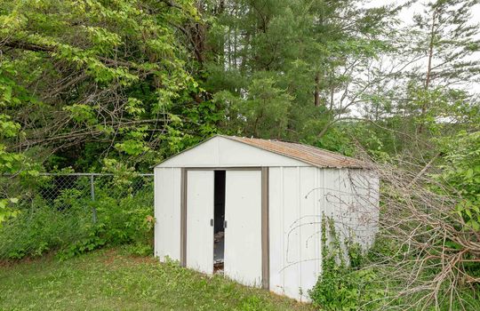 outbuilding, back yard, metal outbuilding, trees