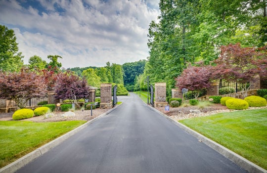 gated entrance to property, asphalt driveway, landscaping, trees