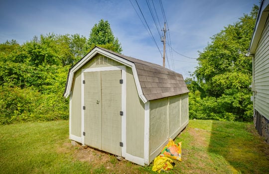 storage shed, yard, trees