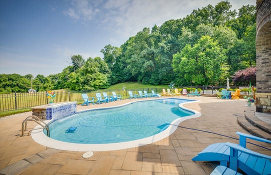 swimming pool, patio pavers, fencing, trees, woods, pasture, mountain views