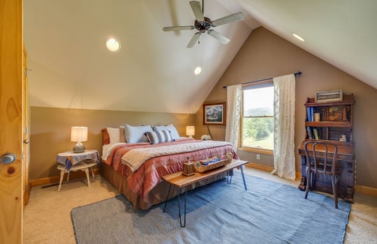 bedroom, carpet, vaulted ceiling, window, recessed lighting, ceiling fan