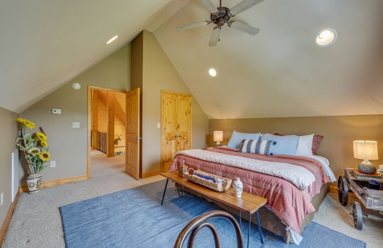 bedroom, carpet, vaulted ceiling, window, recessed lighting, ceiling fan, closet