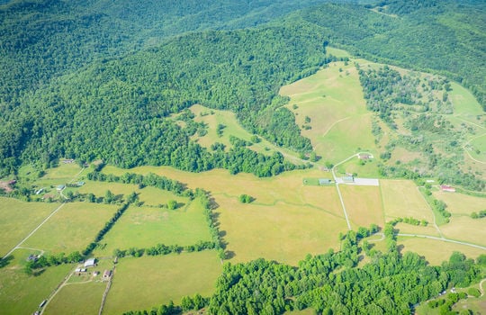 aerial view, mountains, pasture, trees, 198.92+/- acres