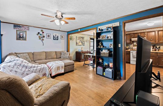living room, open to dining area, vinyl flooring, doorway to kitchen, ceiling fan