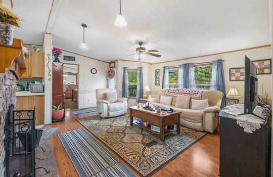 living room, luxury vinyl flooring, ceiling fan, windows