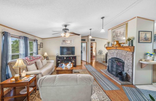 living room, ceiling fan, fireplace, luxury vinyl flooring