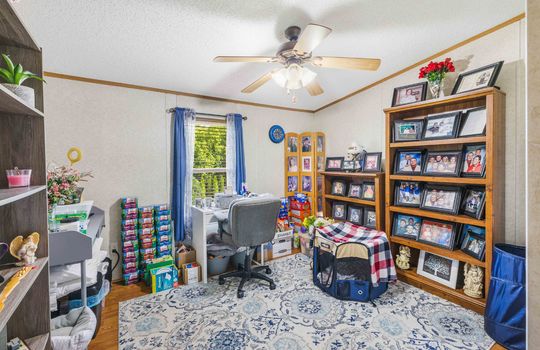 bedroom, window, ceiling fan, luxury vinyl flooring