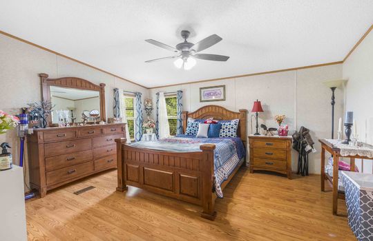 primary bedroom, luxury vinyl flooring, ceiling fan, windows