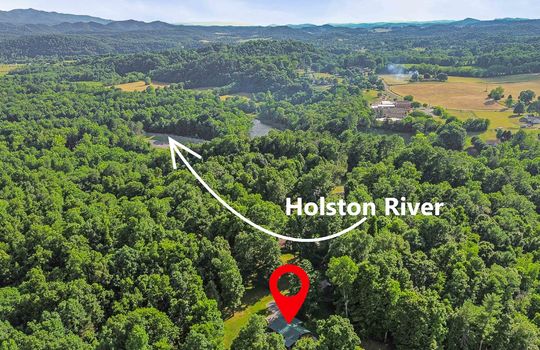 aerial view, property marker, proximity to Holston River, trees, mountain views