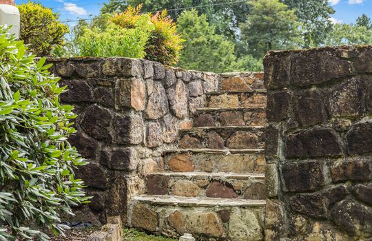 stone steps, wall, landscaping