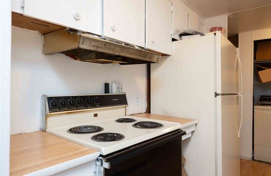 kitchen, cabinets, refrigerator, stove, countertops