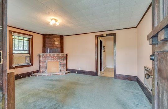 living room, fireplace, carpet, door to hallway