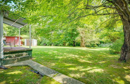 back porch, back yard, storage sheds, trees