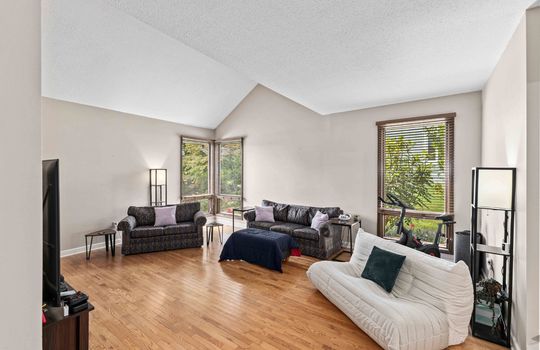 living room, hardwood flooring, windows