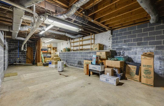 basement, concrete flooring, block walls, storage shelves