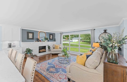 living room, window, fireplace, hardwood flooring, open floorplan