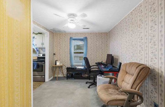 dining area, carpet, window, ceiling fan, doorway to kitchen