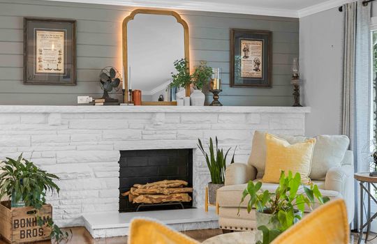 fireplace, painted white fireplace, shiplap wall