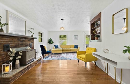 living room, hardwood flooring windows, fireplace