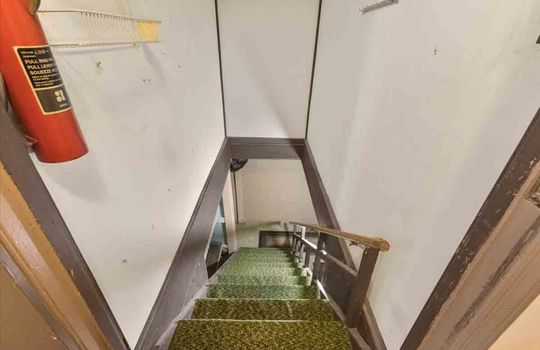 stairway downstairs, carpeted stairs