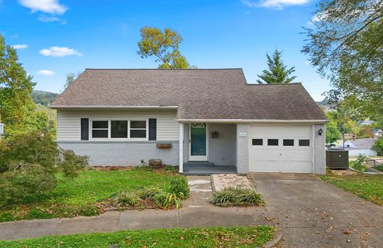 cottage, brick, vinyl siding, front door, garage, garage door, driveway, windows, front yard, sidewalk