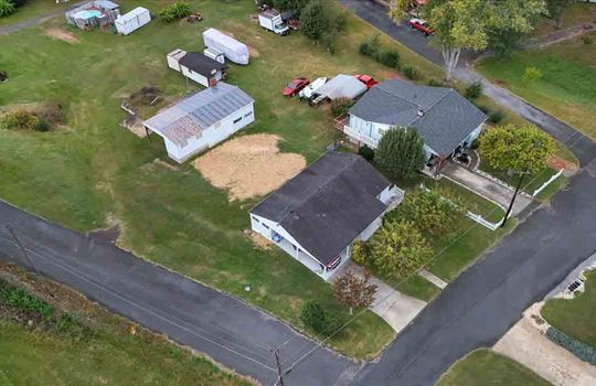 aerial view above home, home, garage, yard