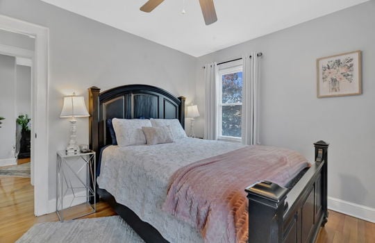 bedroom or office, ceiling fan, hardwood flooring, windows