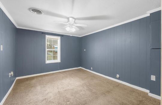 bedroom, painted paneling walls, ceiling fans, carpet