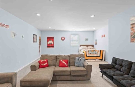 lower level living space, carpet, recessed lighting, window