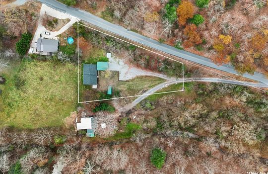 aerial photo of property, property outline, roof, driveway, road, yard